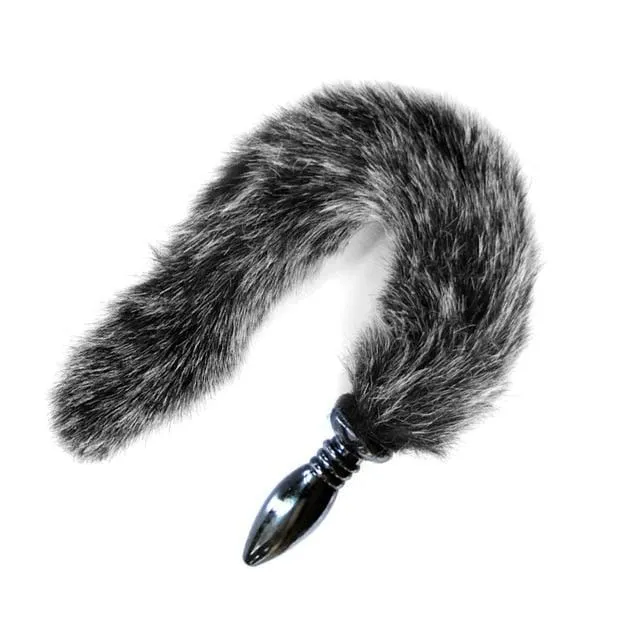14 Salt and Pepper Fox Tail with Silicone Plug