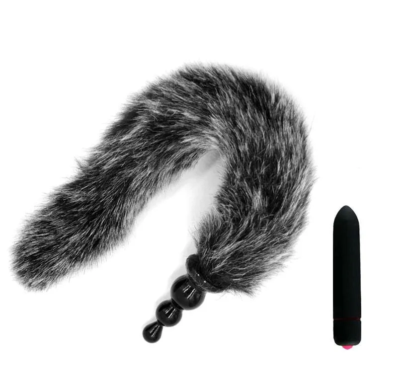 14 Salt and Pepper Fox Tail with Silicone Plug