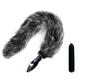 14 Salt and Pepper Fox Tail with Silicone Plug
