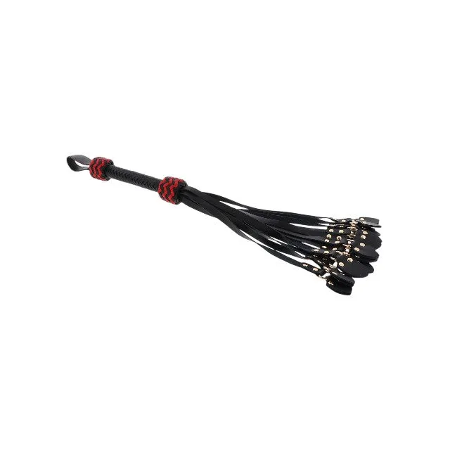 Bici din piele naturală HIDDEN DESIRE Cat-o-Nine. cu 9 cozi aplatizate. pentru jocuri erotice BDSM. culoare negru cu roșu