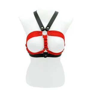 Black and Red Rope and Leather Bondage Breast Binder with Buckles
