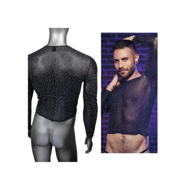 Bluză sexy bărbați CALEXOTICS Radiance Long Sleeve Shirt. design din plasă cu strasuri. negru. mărime universală (20-3)