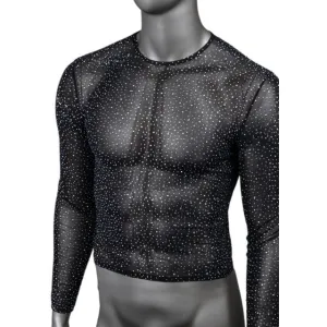 Bluză sexy bărbați CALEXOTICS Radiance Long Sleeve Shirt. design din plasă cu strasuri. negru. mărime universală (20-3)