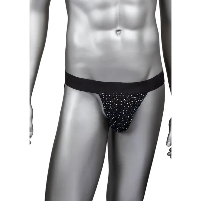 Chilot sexy bărbați CALEXOTICS Radiance Jock Strap. cu benzi subțiri pe fese. design din plasă cu strasuri. negru. mărime universală (40-3)