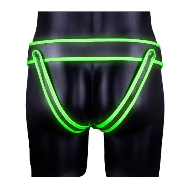 Chilot sexy bărbați OUCH! Striped Jockstrap Glow In The Dark. cu benzi subțiri pe fese. negru cu verde fluorescent. L/XL