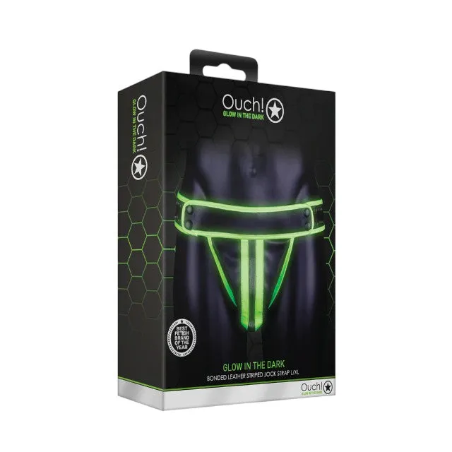 Chilot sexy bărbați OUCH! Striped Jockstrap Glow In The Dark. cu benzi subțiri pe fese. negru cu verde fluorescent. L/XL