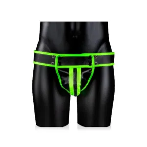 Chilot sexy bărbați OUCH! Striped Jockstrap Glow In The Dark. cu capse. negru cu verde fluorescent. mărime L/XL
