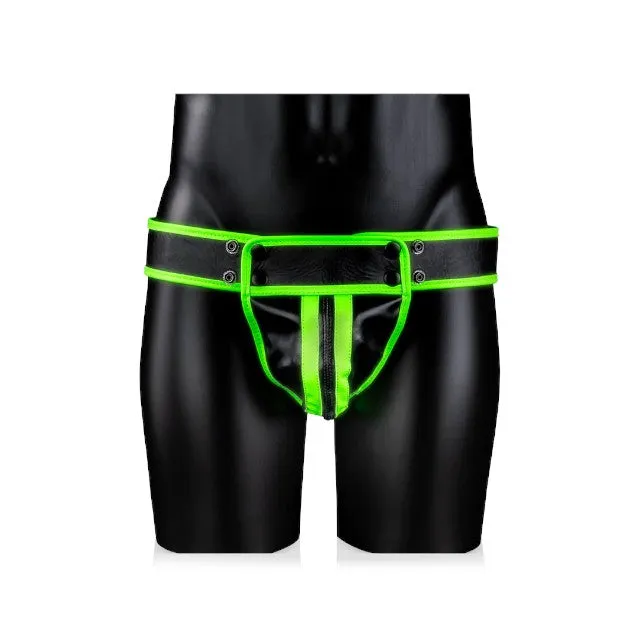 Chilot sexy bărbați OUCH! Striped Jockstrap Glow In The Dark. cu capse. negru cu verde fluorescent. mărime L/XL