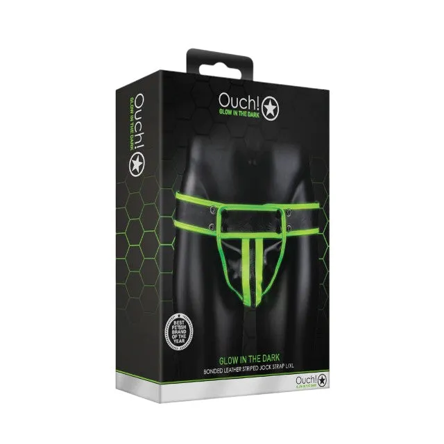 Chilot sexy bărbați OUCH! Striped Jockstrap Glow In The Dark. cu capse. negru cu verde fluorescent. mărime L/XL