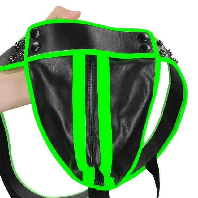 Chilot sexy bărbați OUCH! Striped Jockstrap Glow In The Dark. cu capse. negru cu verde fluorescent. mărime L/XL