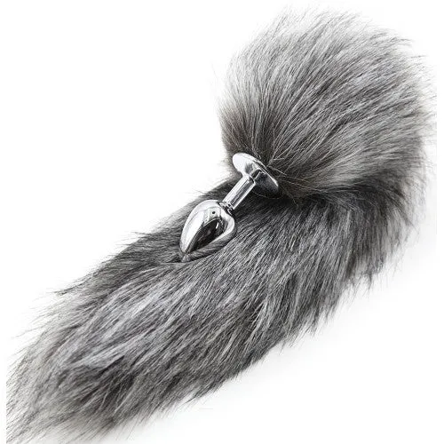 Grey faux fur Fox tail with metal butt plug MEDIUM