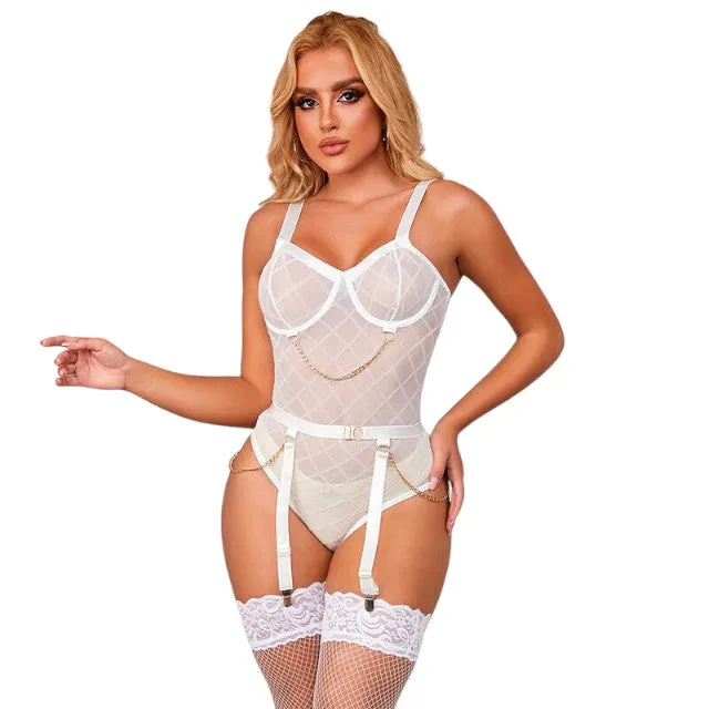 Lenjerie sexy 2 piese SUBBLIME Body with Chains. Teddy din plasă cu lanțuri   Portjartier. culoare alb. mărime L/XL (model 954291)