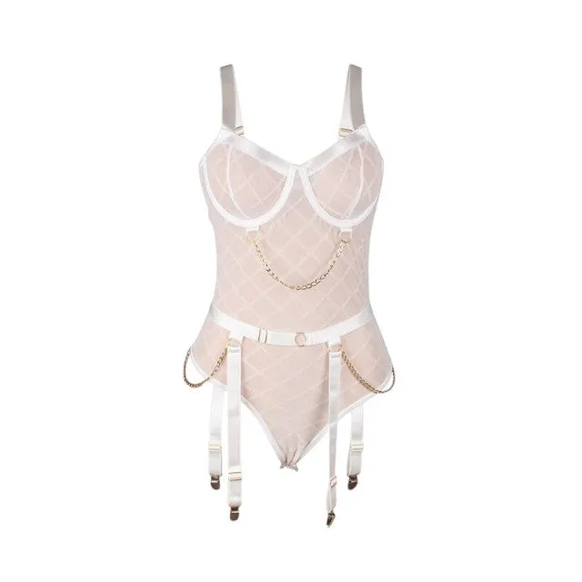 Lenjerie sexy 2 piese SUBBLIME Body with Chains. Teddy din plasă cu lanțuri   Portjartier. culoare alb. mărime L/XL (model 954291)