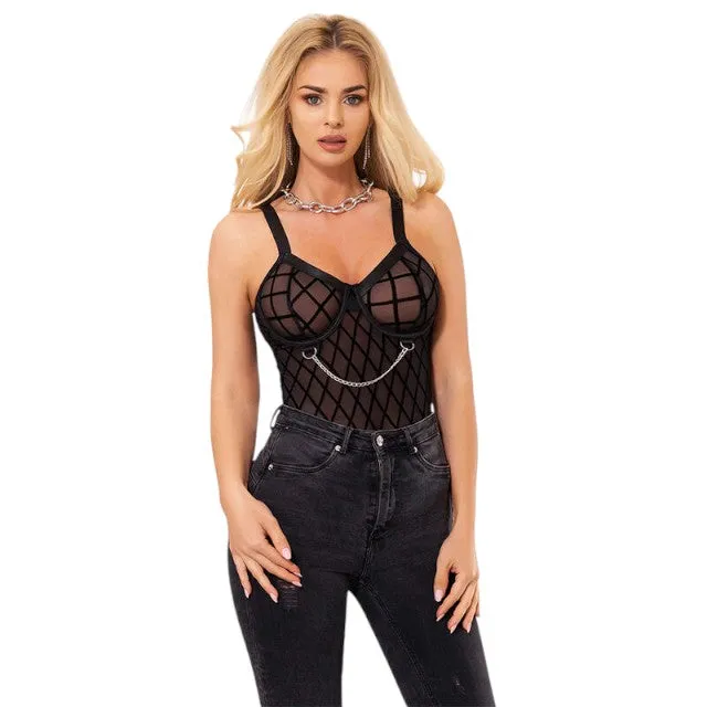 Lenjerie sexy 2 piese SUBBLIME Body with Chains. Teddy din plasă cu lanțuri   Portjartier. culoare negru. mărime L/XL. model 954277