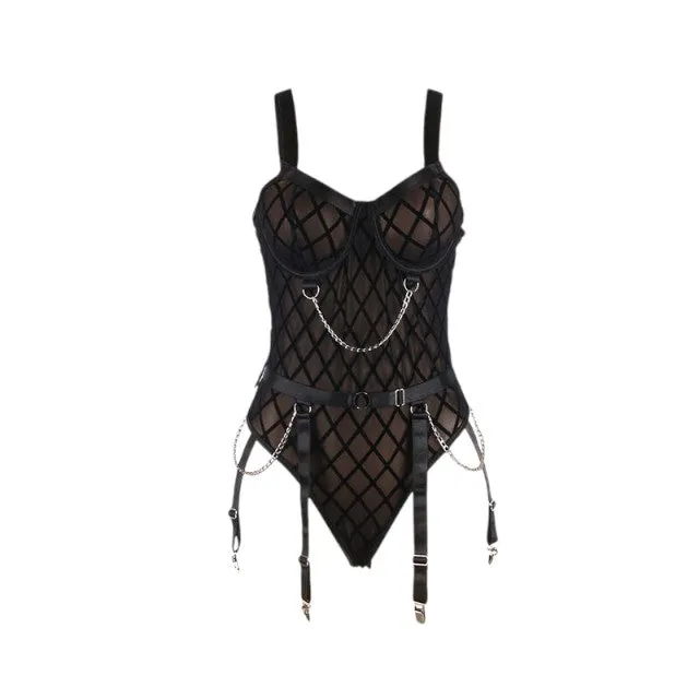 Lenjerie sexy 2 piese SUBBLIME Body with Chains. Teddy din plasă cu lanțuri   Portjartier. culoare negru. mărime L/XL. model 954277