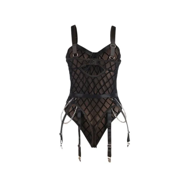 Lenjerie sexy 2 piese SUBBLIME Body with Chains. Teddy din plasă cu lanțuri   Portjartier. culoare negru. mărime L/XL. model 954277