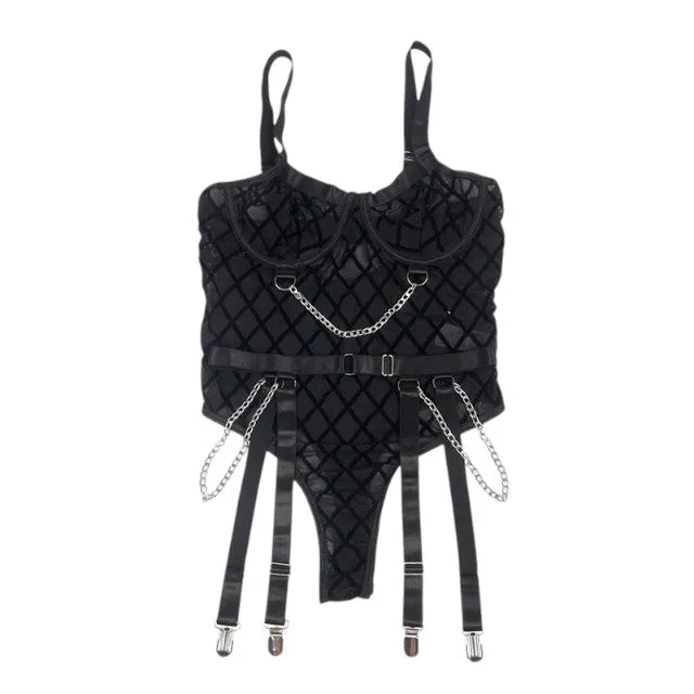 Lenjerie sexy 2 piese SUBBLIME Body with Chains. Teddy din plasă cu lanțuri   Portjartier. culoare negru. mărime L/XL. model 954277