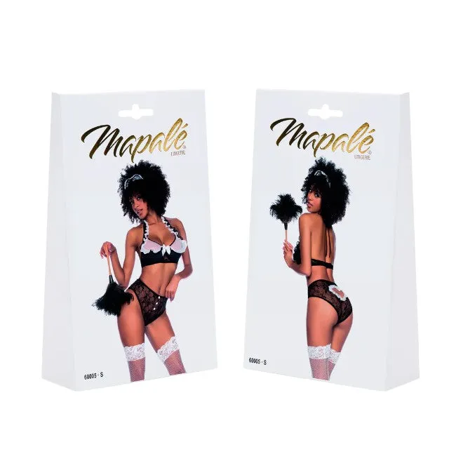 Lenjerie sexy menajeră MAPALÉ French Maid. sutien cu volănașe și chilot cu decupaj în formă de inimă. negru cu alb. mărime M