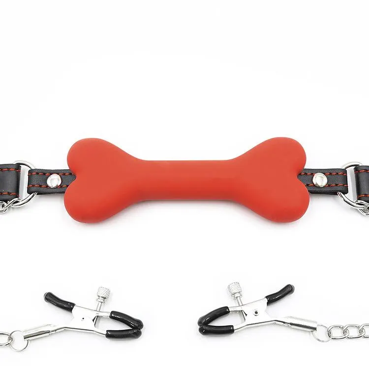 Lovemesex Gag Silicone Bone Red with Nipple Clamp