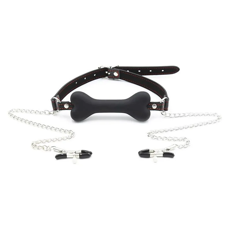 Lovemesex Gag Silicone Bone Red with Nipple Clamp