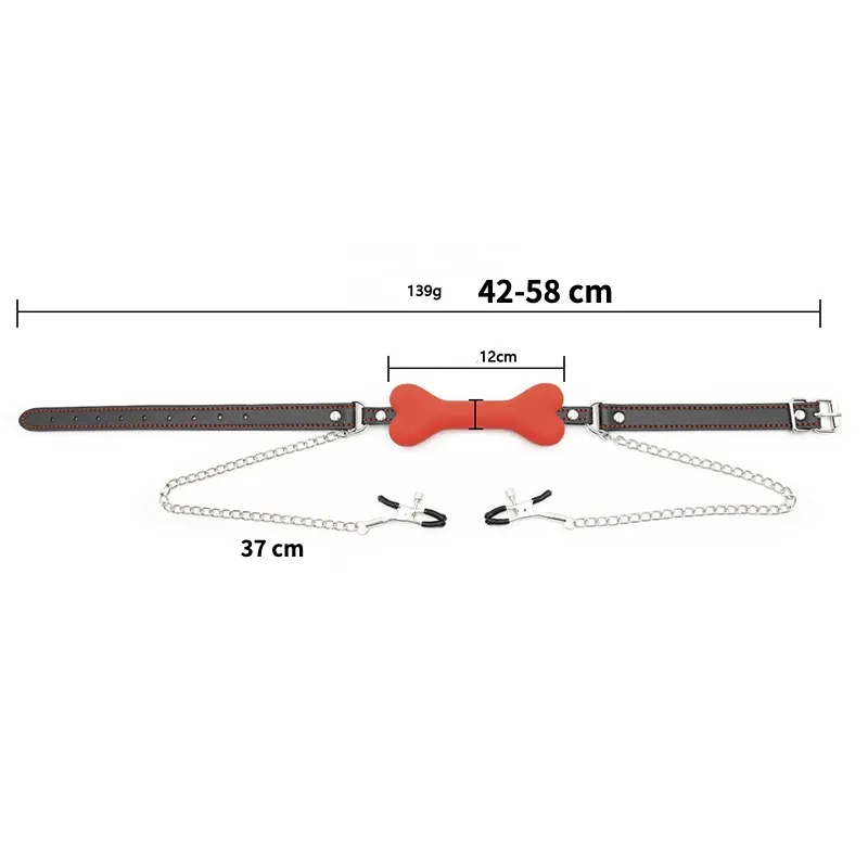 Lovemesex Gag Silicone Bone Red with Nipple Clamp