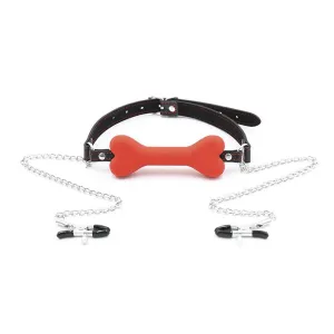 Lovemesex Gag Silicone Bone Red with Nipple Clamp