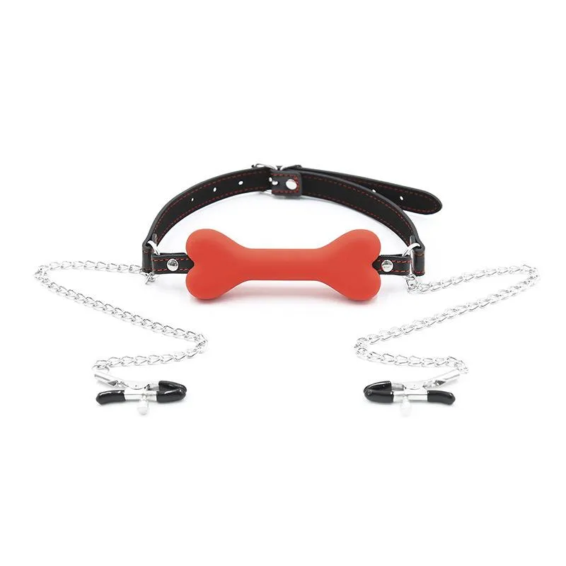 Lovemesex Gag Silicone Bone Red with Nipple Clamp