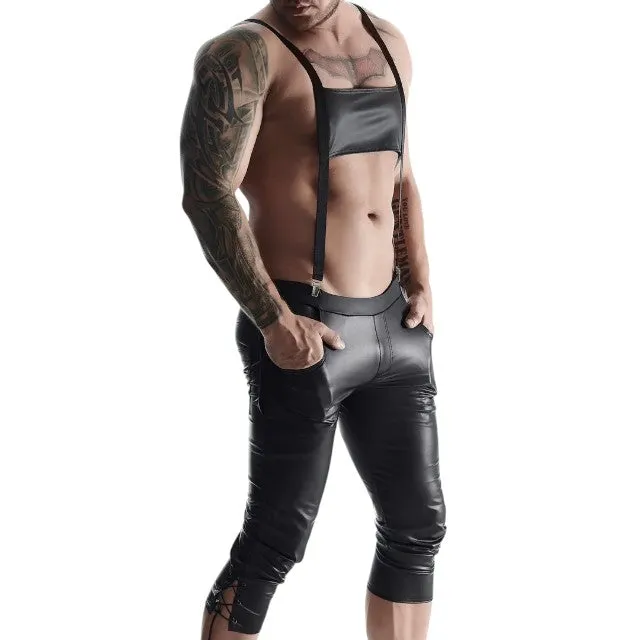 Pantaloni sexy bărbați cu bretele REGNES FETISH PLANET 3/4 Men's Pants in Bavarian Style. culoare negru. mărime XL
