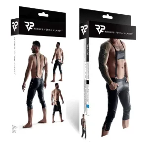 Pantaloni sexy bărbați cu bretele REGNES FETISH PLANET 3/4 Men's Pants in Bavarian Style. culoare negru. mărime XL