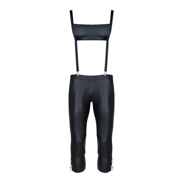 Pantaloni sexy bărbați cu bretele REGNES FETISH PLANET 3/4 Men's Pants in Bavarian Style. culoare negru. mărime XL
