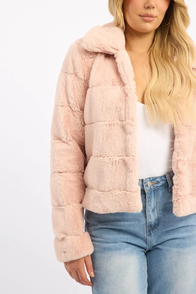 Pink Faux Fur Jacket With Lapel Collar