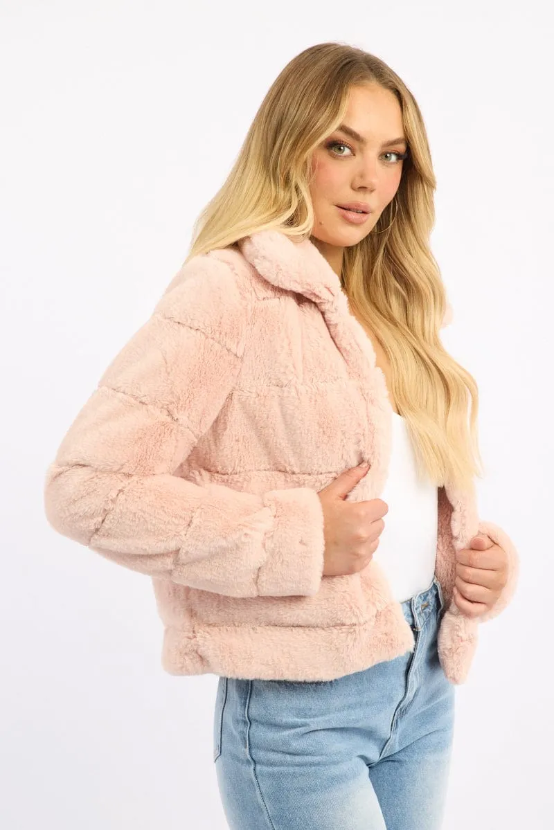 Pink Faux Fur Jacket With Lapel Collar