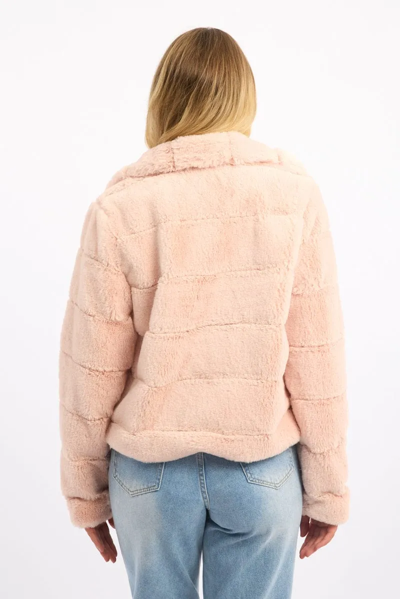 Pink Faux Fur Jacket With Lapel Collar