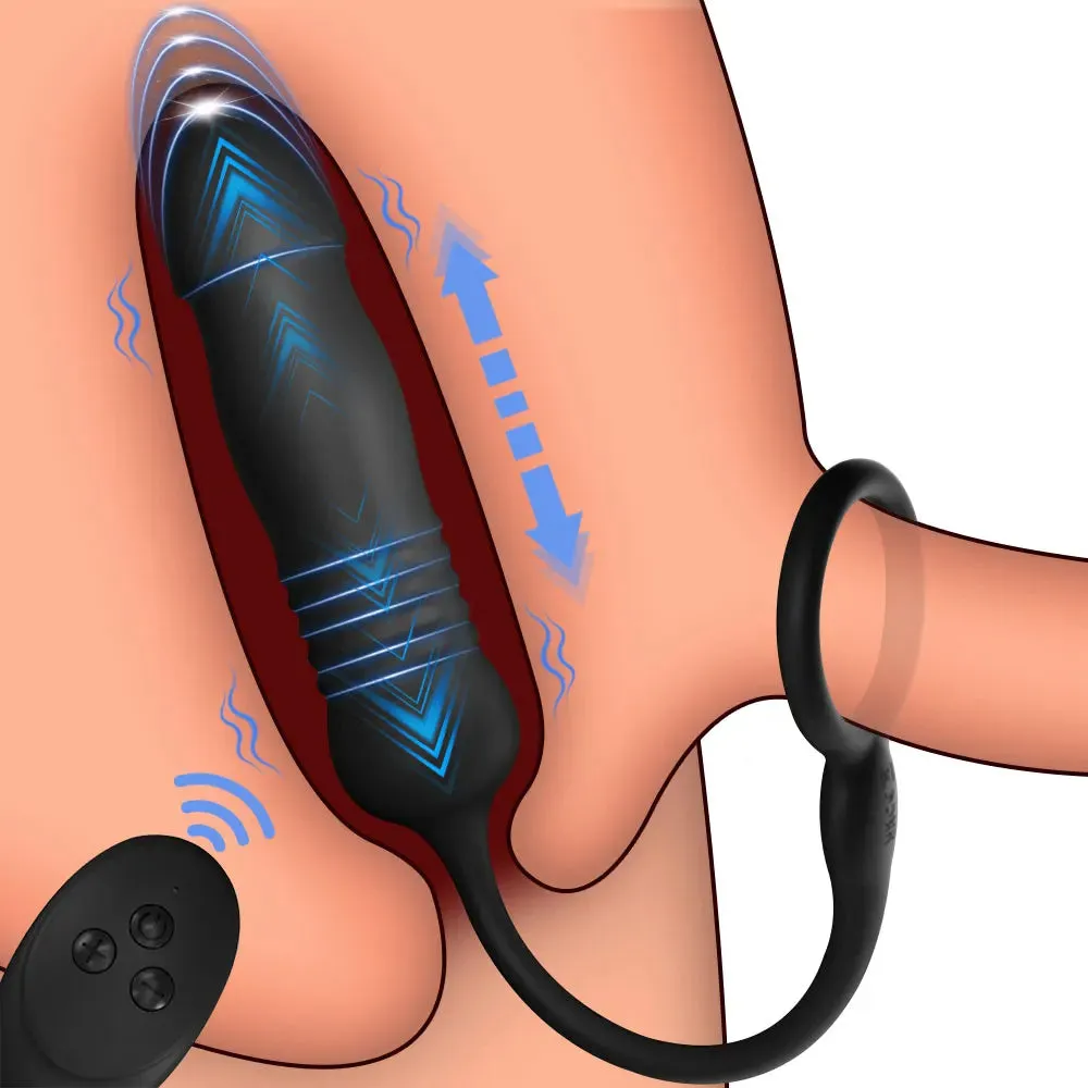 Remote Control Thrusting Dildo Anal Plug - Cock Ring Delayed Ejaculation Trainer