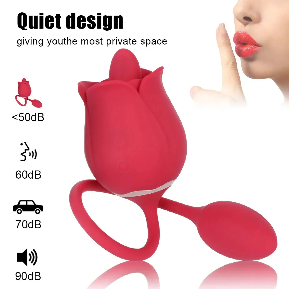 Rose Clit Clamping Female Vibrator - Dual End Clitoral Licking Vibrating Panty Egg
