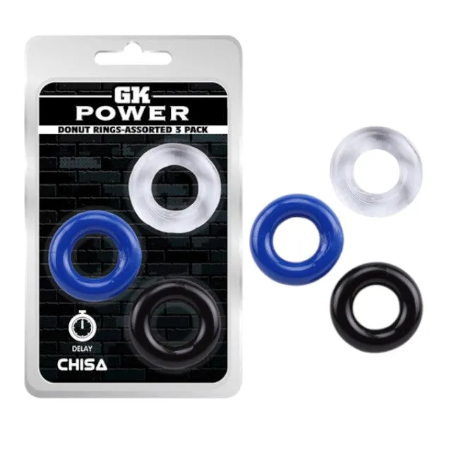 Set 3 inele pentru penis CHISA GK POWER Donut Rings. din TPE. diametru 1.8 cm. culori albastru. alb și negru