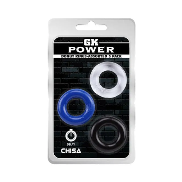 Set 3 inele pentru penis CHISA GK POWER Donut Rings. din TPE. diametru 1.8 cm. culori albastru. alb și negru