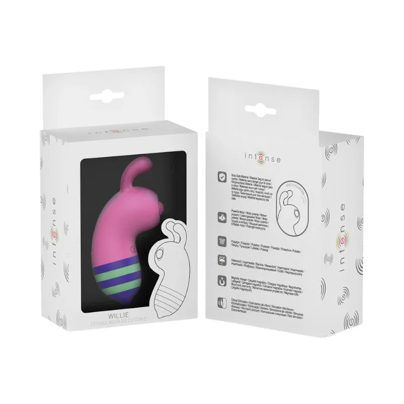 Stimulator clitoris INTENSE WILLIE. in forma de albinuta. cu functii de vibratie intense si silentioase. rezistent la apa IPX7. roz si verde